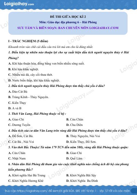 Đề thi giữa kì 2 GDĐP 6 Hải Phòng - Đề 2